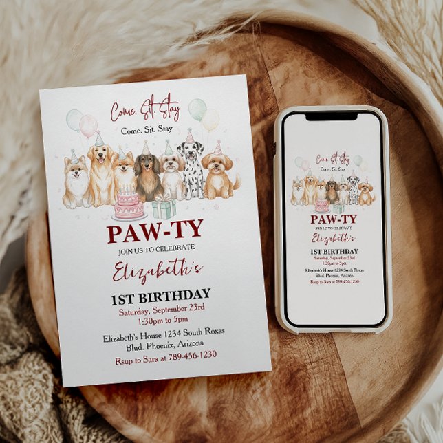 Invitación Cumpleaños del niño de perro cachorro lindo 1er |  (Cute Puppy Dog Boy 1st Birthday | Pawty Time First Invitation)