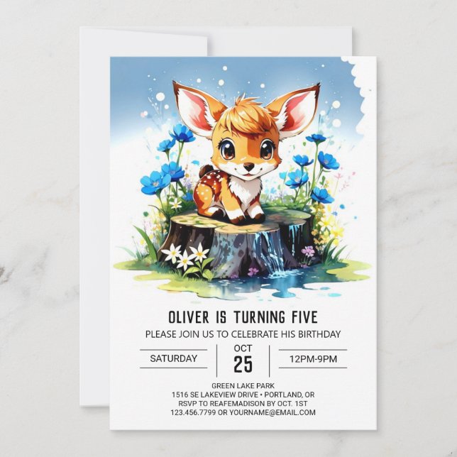 Invitación Cumpleaños del niño Deer Boho Watercolor (Anverso)