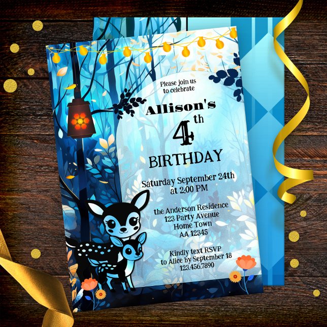 Invitación Cumpleaños del niño del otoño de un ciervo lindo (Cute autumn kids birthday party invitation featuring two cute deer in a forest with festive lights)