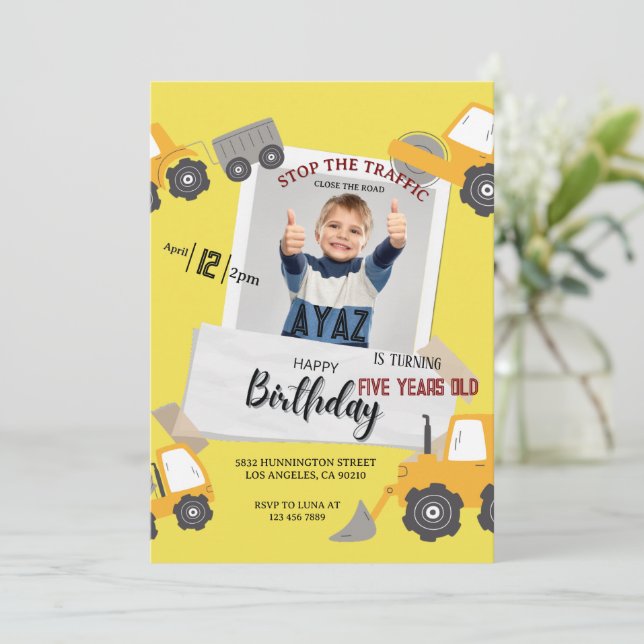 Invitación Cumpleaños del niño fiesta de camión de volteo de  (Anverso de pie)