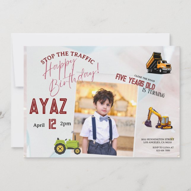 Invitación Cumpleaños del niño fiesta de camión de volteo de  (Anverso)