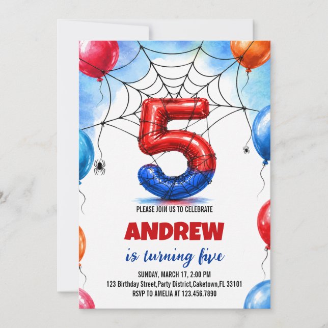 Invitación Cumpleaños del Niño Globo Araña Superhéroe (Anverso)
