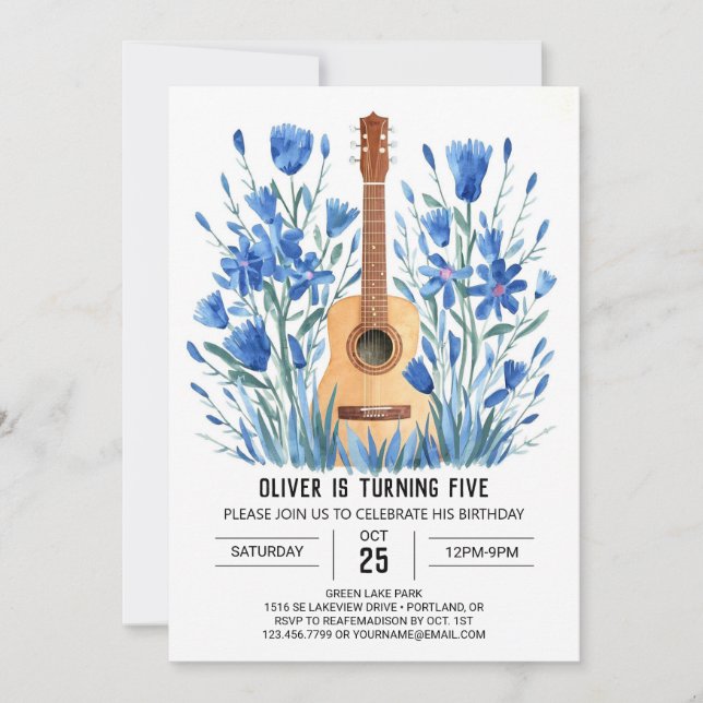 Invitación Cumpleaños del niño guitarrista de músico digital (Anverso)