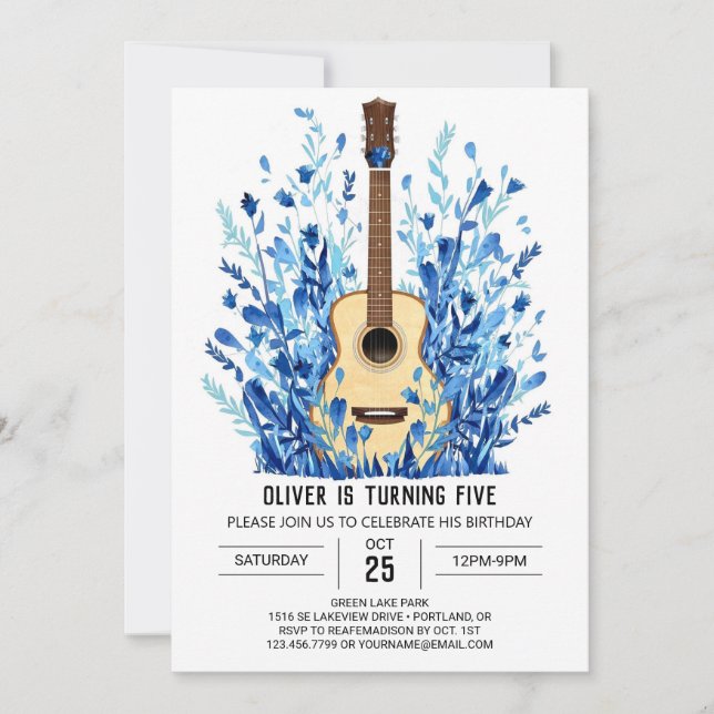 Invitación Cumpleaños del niño guitarrista de un músico azul (Anverso)