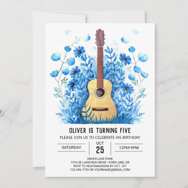 Invitación Cumpleaños del niño guitarrista de un músico de ac (Anverso)