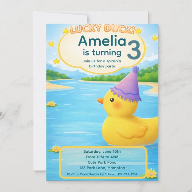 Invitación Cumpleaños del niño pato afortunado (Anverso)