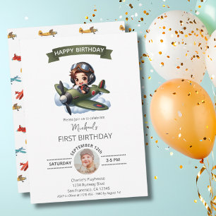 Invitación Cumpleaños del niño piloto vintage avión nubes