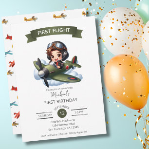 Invitación Cumpleaños del niño piloto vintage avión nubes