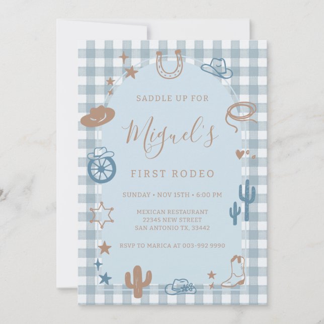 Invitación Cumpleaños del Oeste Salvaje de Gingham Azul Prime (Anverso)