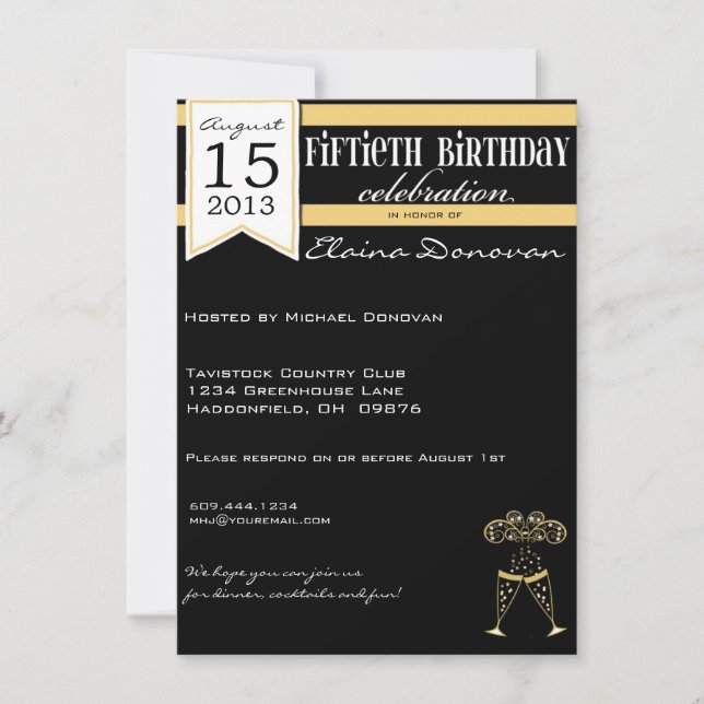 Invitación Cumpleaños del oro, blanco y negro de Champán 50.o (Anverso)