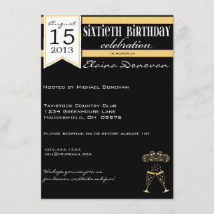 Invitación Cumpleaños del oro, blanco y negro de Champán 60.o