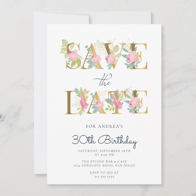 Invitación Cumpleaños del oro floral y las letras rosas (Anverso)