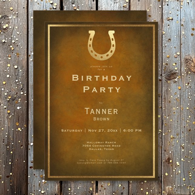 Invitación Cumpleaños del Oro Rústico Occidental de la Herrad (Western Rustic Horseshoe Brown Gold Birthday Invitation)
