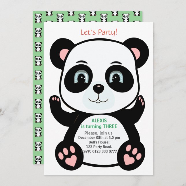 Invitación Cumpleaños del oso Cute Panda (Anverso / Reverso)