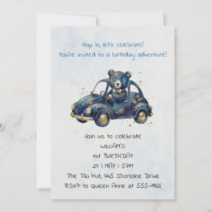 Invitación Cumpleaños del Oso de Acuarela Niño Azul