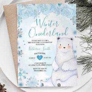 Invitación Cumpleaños del oso de copo de nieve con flores azu
