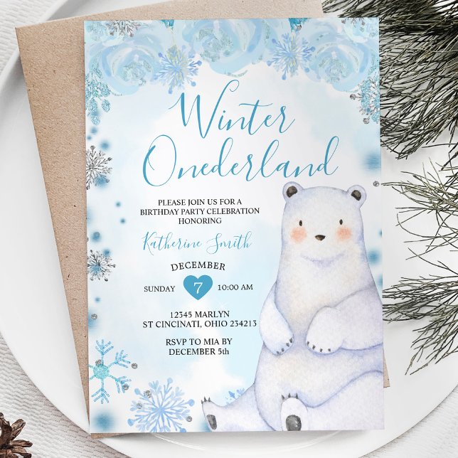 Invitación Cumpleaños del oso de copo de nieve con flores azu (Subido por el creador)