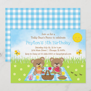 Invitación Cumpleaños del Oso de Peluche con Cuadros Azules