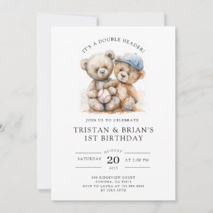 Invitación Cumpleaños del Oso de Peluche Gemelo Acuarela Niño