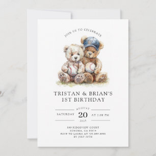 Invitación Cumpleaños del Oso de Peluche Gemelo Niño Acuarela
