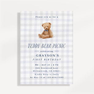 Invitación Cumpleaños del Oso de Peluche Gingham 
