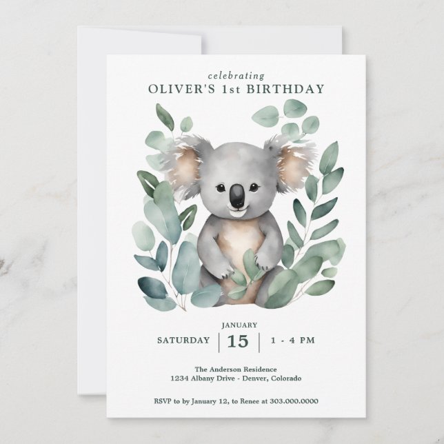 Invitación Cumpleaños del Oso Koala (Anverso)