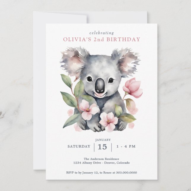 Invitación Cumpleaños del Oso Koala (Anverso)