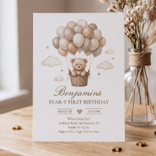 Invitación Cumpleaños del Oso Neutral Dulce en Globo Aerostát