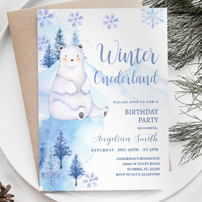 Invitación Cumpleaños del Oso Polar Invierno Copos de Nieve (Subido por el creador)