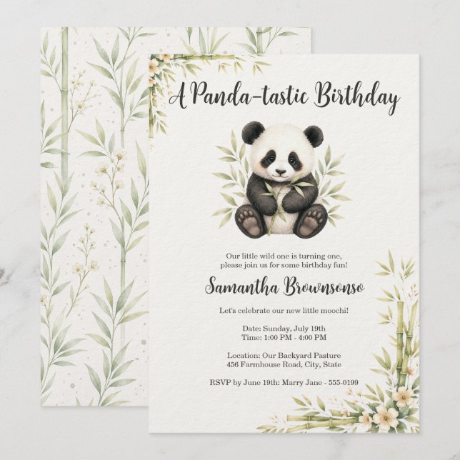 Invitación Cumpleaños del Panda Adorable (Anverso / Reverso)