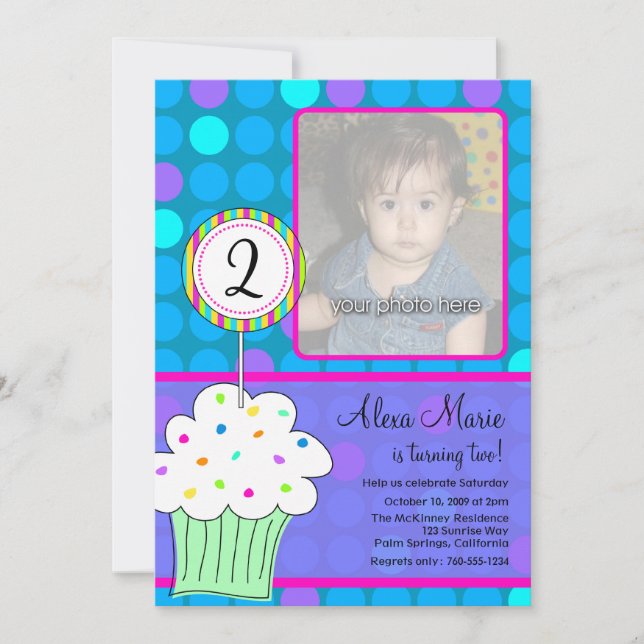 Invitación Cumpleaños del pastel azul Polkadots (Anverso)