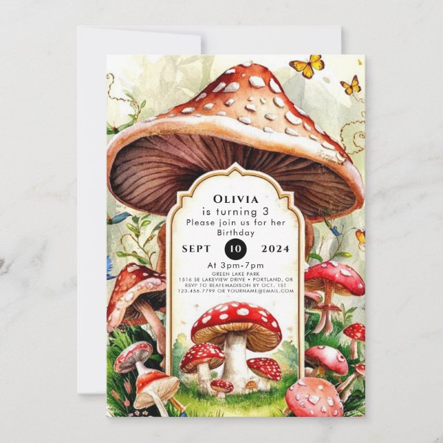 Invitación Cumpleaños del Pastel Boho Mushroom (Anverso)