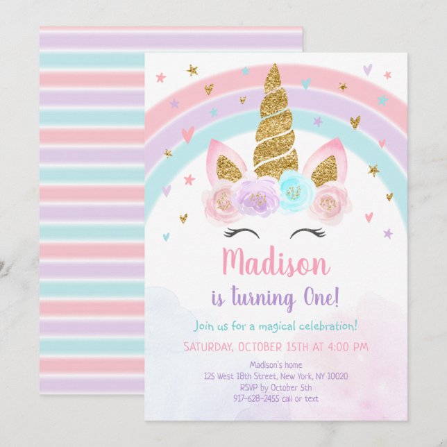 Invitación Cumpleaños del Pastel de Oro Rosa Unicornio (Anverso / Reverso)