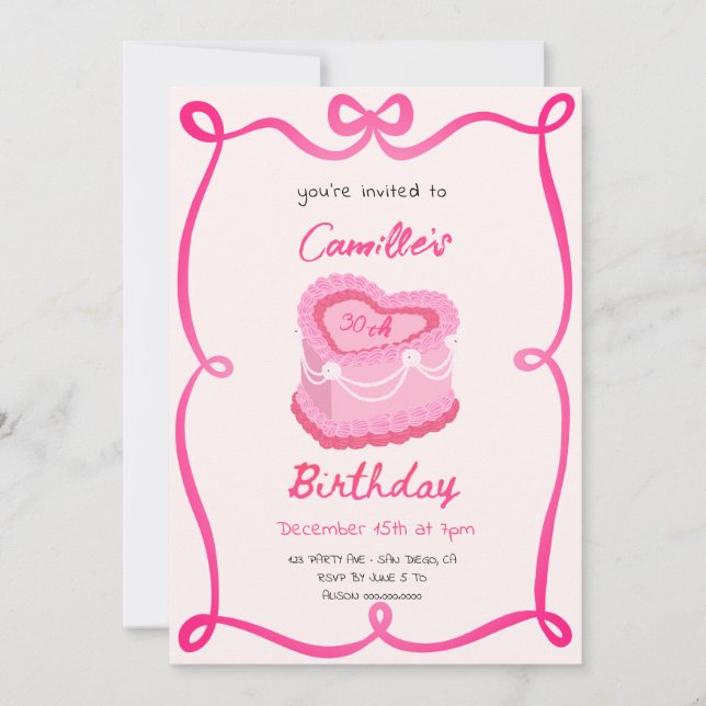 Invitación Cumpleaños del Pastel Retro Rosa (Anverso)