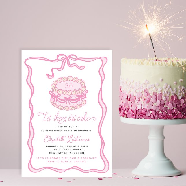 Invitación Cumpleaños del Pastel Rosa de Mano Dibujado (Hand Drawn Pink Cake Pink Bow Birthday Invitation)