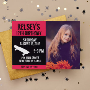 Invitación Cumpleaños del patinador rosado, Skate board, Chic