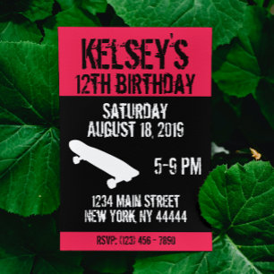 Invitación Cumpleaños del patinador rosado, Skate board, Chic