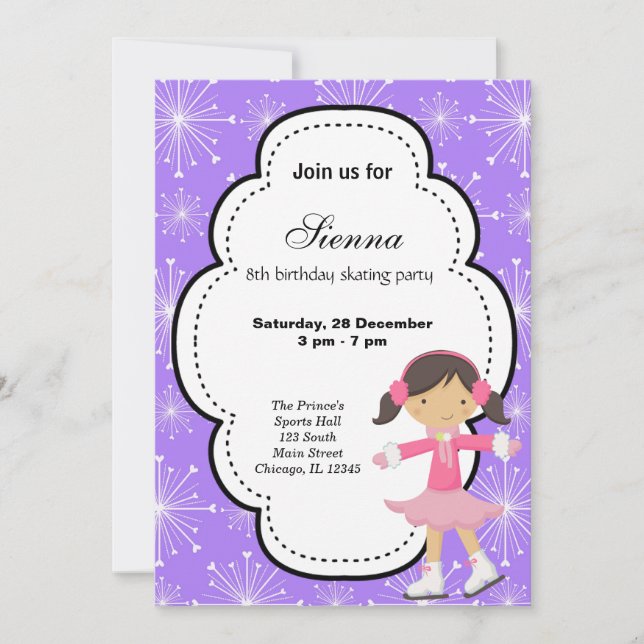 Invitación Cumpleaños del Patinaje Hielo (Púrpura) (Anverso)