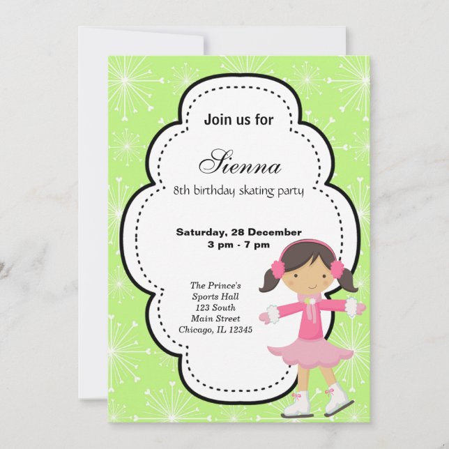 Invitación Cumpleaños del Patinaje Hielo (Verde) (Anverso)
