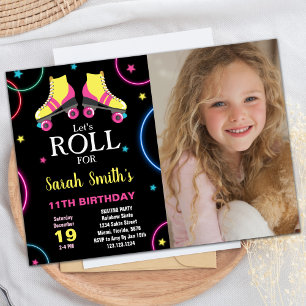 Invitación Cumpleaños del patinaje rosa amarillo negro con fo