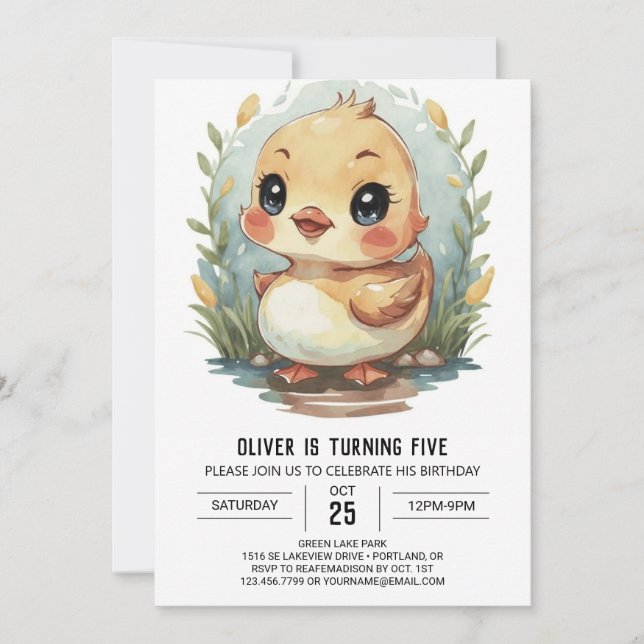 Invitación Cumpleaños del Pato Personalizado moderno (Anverso)