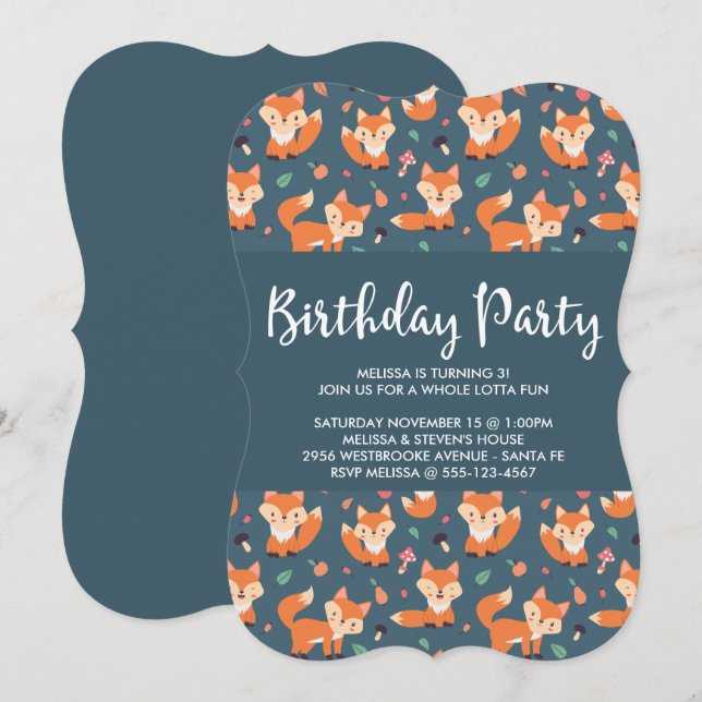 Invitación Cumpleaños del Patrón Fox de Naranja Cute (Anverso / Reverso)