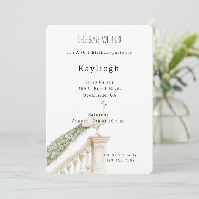 Invitación Cumpleaños del pavo real blanco (Anverso de pie)