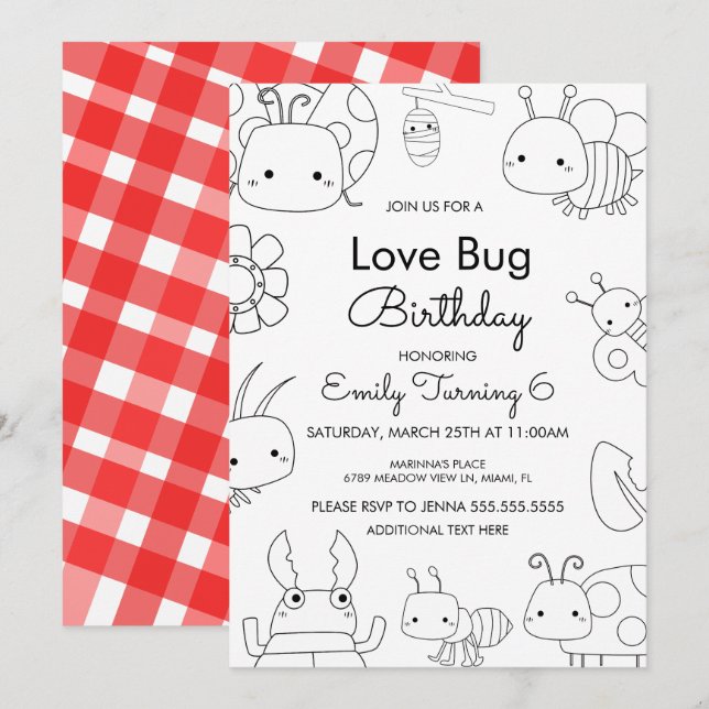 Invitación Cumpleaños del pequeño bicho del amor (Anverso / Reverso)