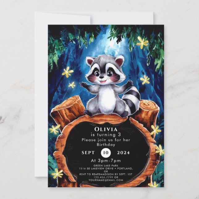 Invitación Cumpleaños del Pequeño Boho Raccoon (Anverso)