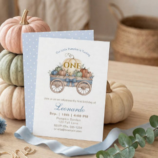 Invitación Cumpleaños del pequeño calabacín, niño otoñal azul