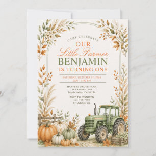 Invitación Cumpleaños del pequeño granjero con tractor verde 