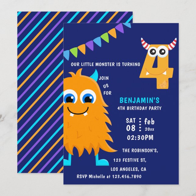 Invitación Cumpleaños del pequeño monstruo número 4 (Anverso / Reverso)