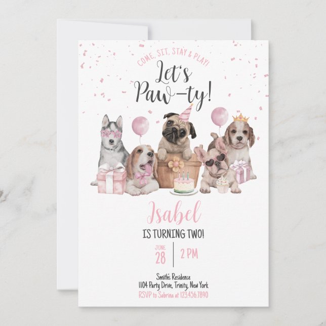 Invitación Cumpleaños del Perro Chica de Pawty (Anverso)