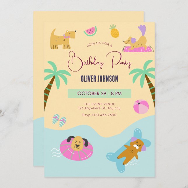 Invitación Cumpleaños del perro de playa de verano (Anverso / Reverso)
